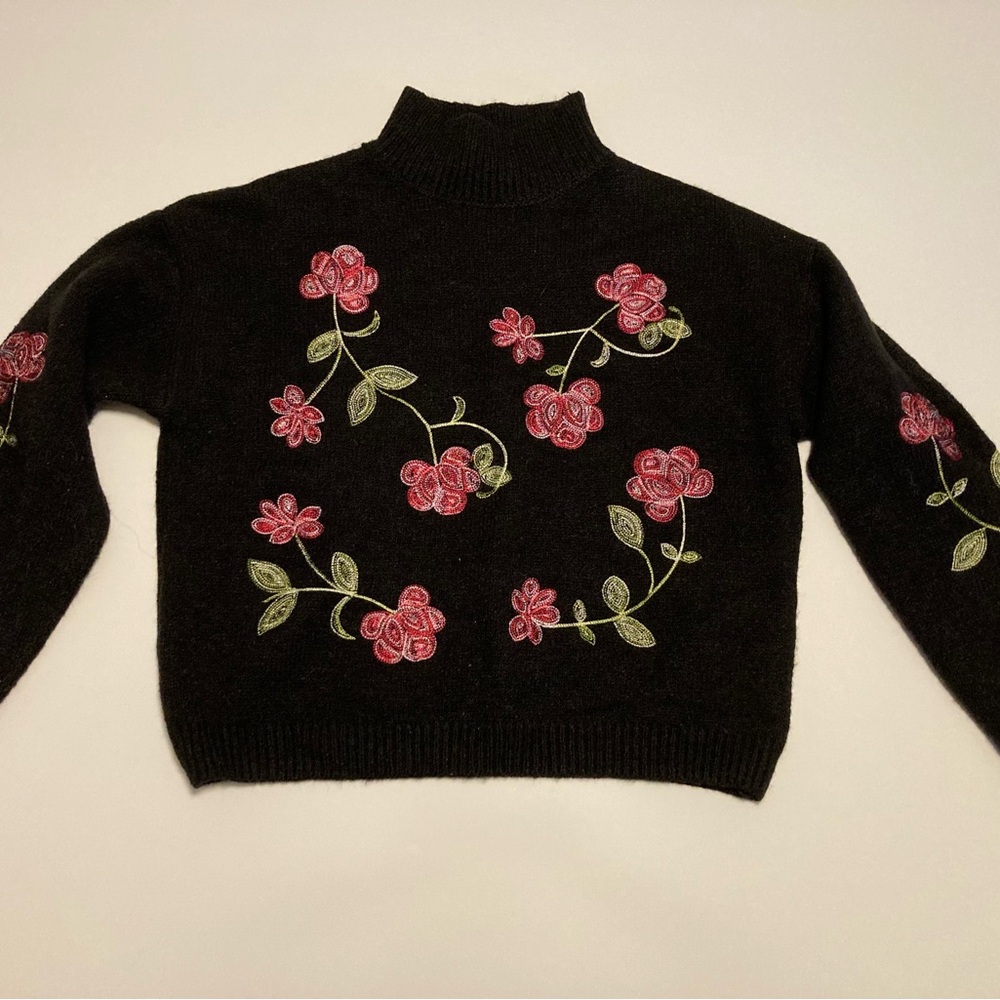 Alya Black Sweater with Red/green Floral Embroidery on front and sleeves size M